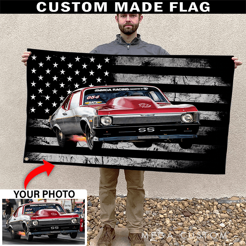 Personalized Car Tapestry with Flag Design Custom Racing Car Photo Wall Hanging Gift for Racers and Racing Lovers