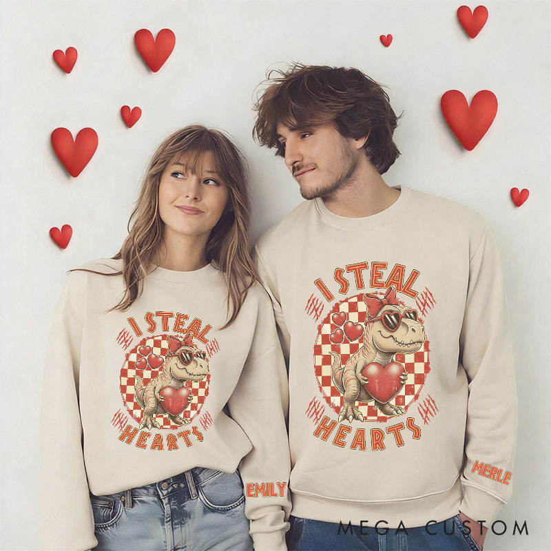 Personalized Girlfriend Wife Dinosaur I Steal Hearts Sweatshirt with Name Couple Matching Valentine's Day Sweatshirt for Her Him Anniversary Gift