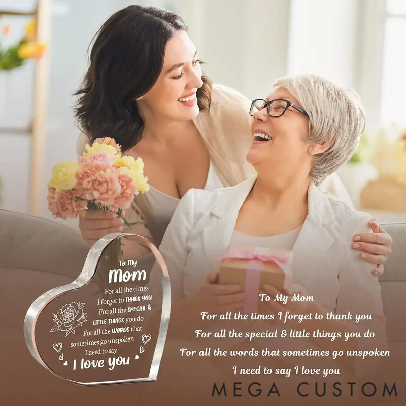 Personalized Heart-Shaped Acrylic Figurine of a Loving Mother, a Valentine's Day Gift for Mom.