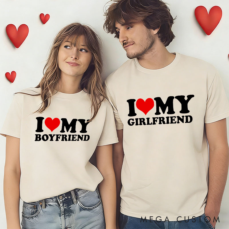 Personalized Couple I Love My Girlfriend Matching T-Shirt with Name Valentine's Day I Love My Boyfriend T-Shirt for Boyfriend Girlfriend