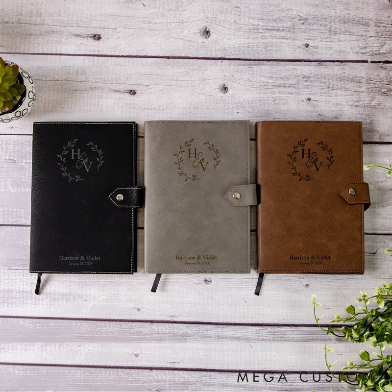 Personalized Laurel Branches with Initials and Date Wedding Couple Leather Journal with Snap Closure