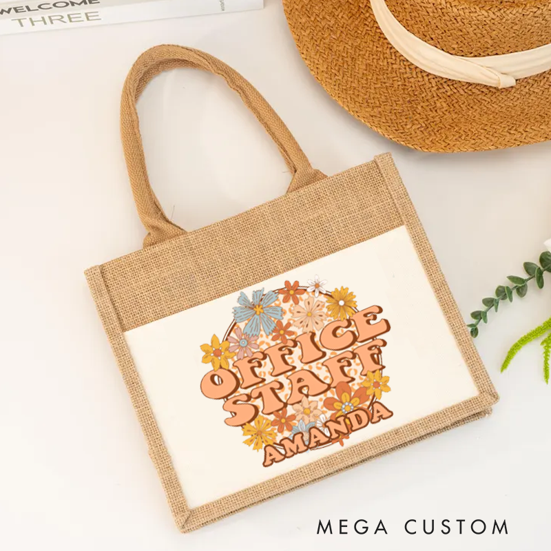Personalized Office Staff Burlap Tote Bag Floral Wreath Design Gift for Coworker or Employee