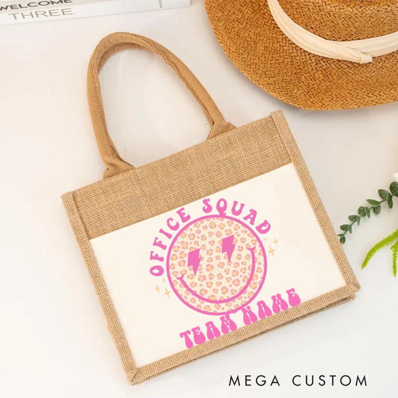 Personalized Office Squad Burlap Tote Bag Smiley Face Design Gift for Coworker or Employee