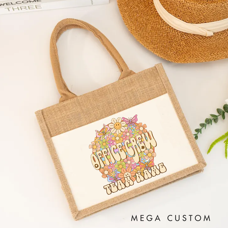 Personalized Office Crew Burlap Tote Bag Floral Design Gift for Coworker or Employee