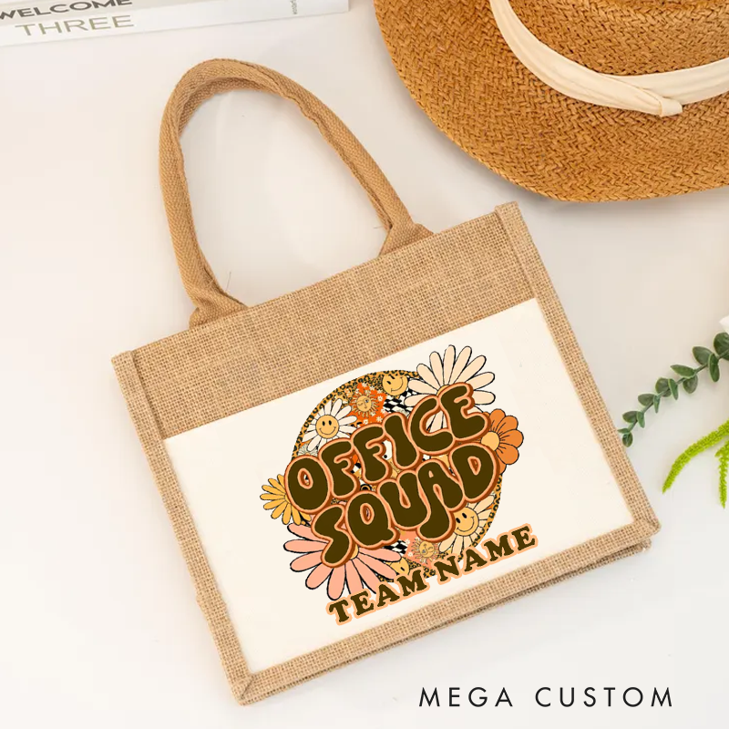 Personalized Office Squad Burlap Tote Bag Retro Floral Design Gift for Coworker or Employee