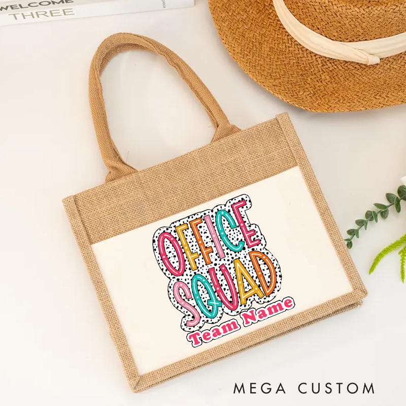 Personalized Office Squad Burlap Tote Bag Colorful Text Design Gift for Coworker or Employee