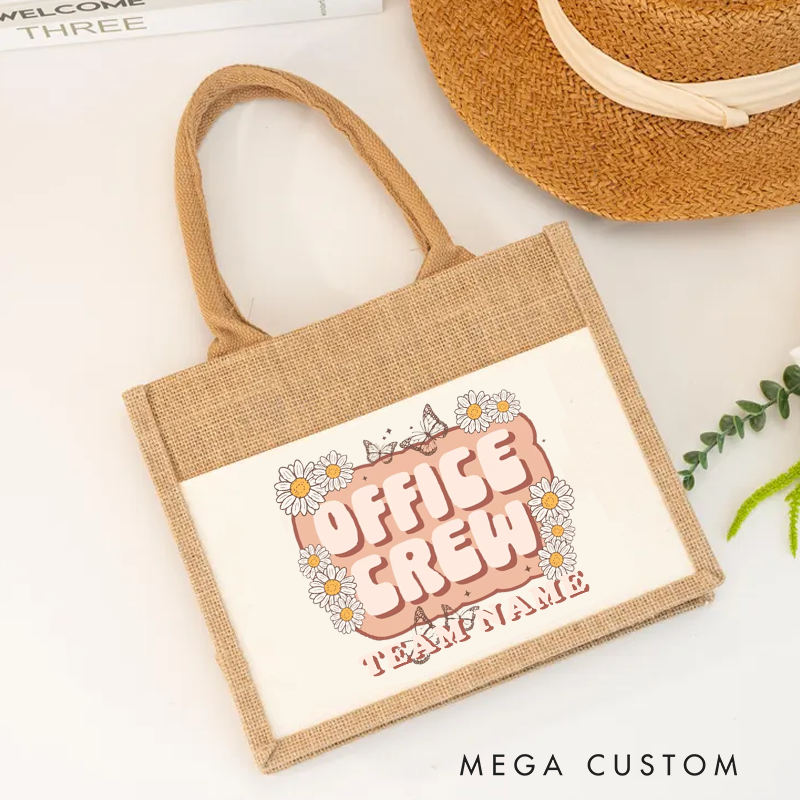 Personalized Office Crew Burlap Tote Bag Daisy Floral Design Gift for Coworker or Employee