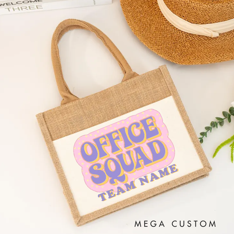 Personalized Office Squad Burlap Tote Bag Pastel Text Design Gift for Coworker or Employee