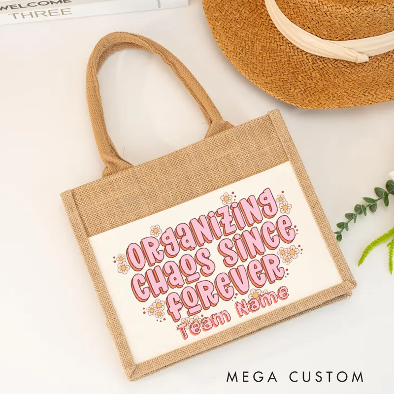 Personalized Organizing Chaos Burlap Tote Bag Fun Quote Design Gift for Coworker or Employee