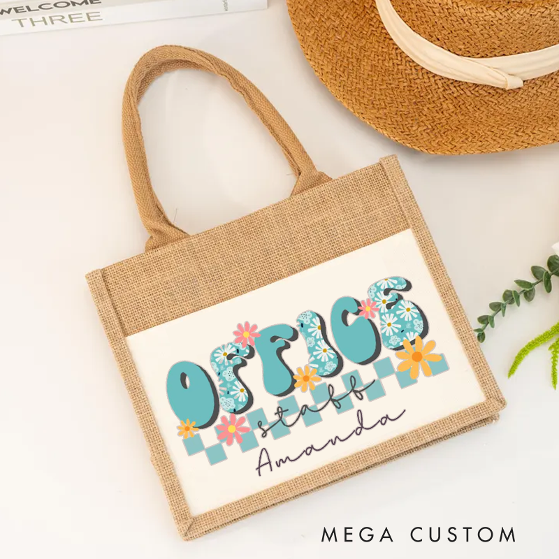 Personalized Office Staff Burlap Tote Bag Floral Text Design Gift for Coworker or Employee