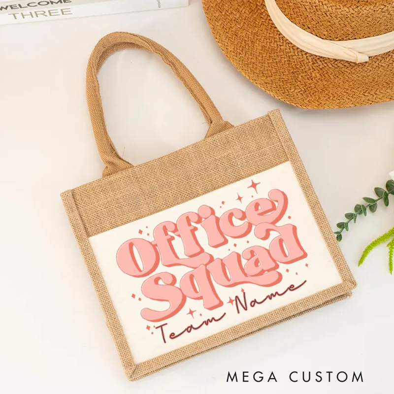 Personalized Office Squad Burlap Tote Bag Pink Text Design Gift for Coworker or Employee