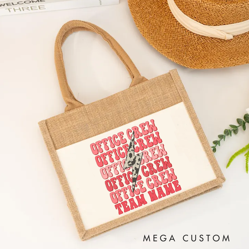 Personalized Office Crew Burlap Tote Bag Repeated Text Design Gift for Coworker or Employee