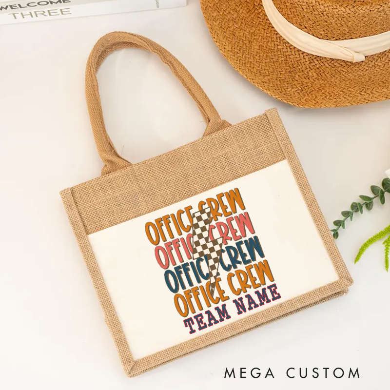 Personalized Office Crew Burlap Tote Bag Retro Repeated Text Design Gift for Coworker or Employee
