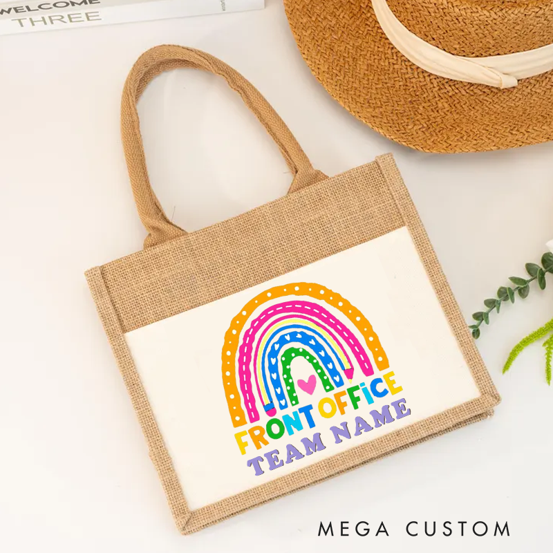 Personalized Front Office Burlap Tote Bag Rainbow Design Gift for Coworker or Employee