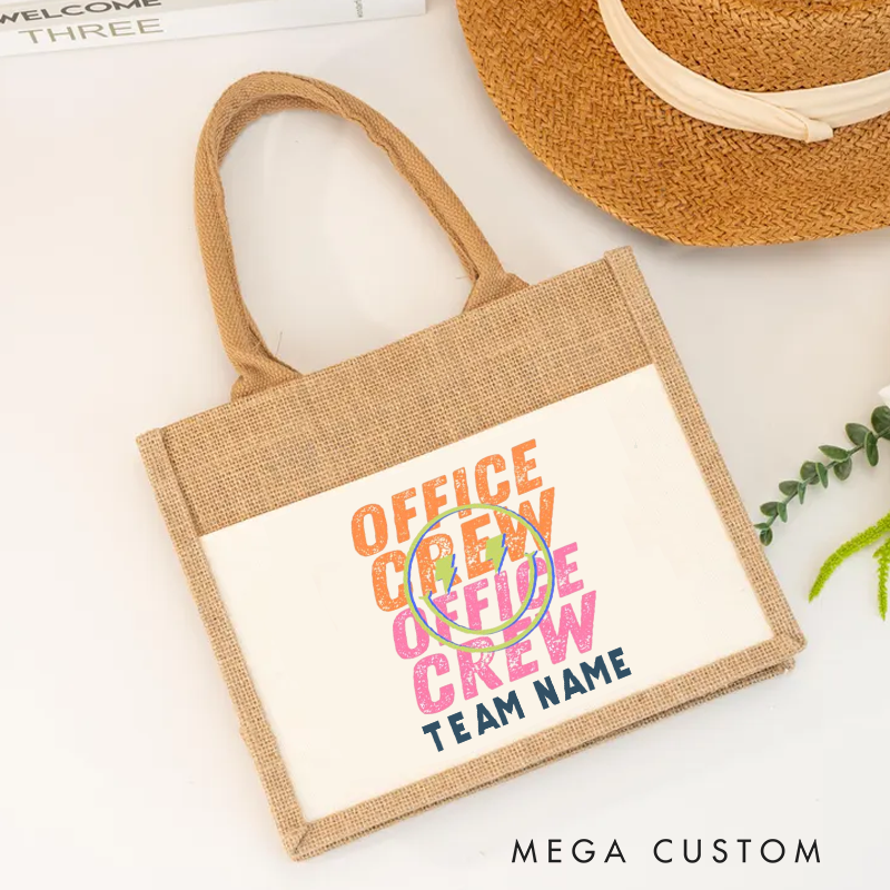 Personalized Office Crew Burlap Tote Bag Peace Sign Design Gift for Coworker or Employee