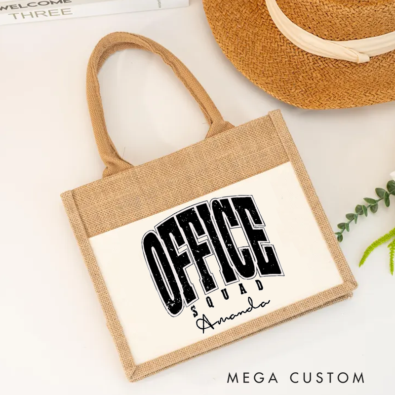 Personalized Office Squad Burlap Tote Bag Bold Black Text Design Gift for Coworker or Employee