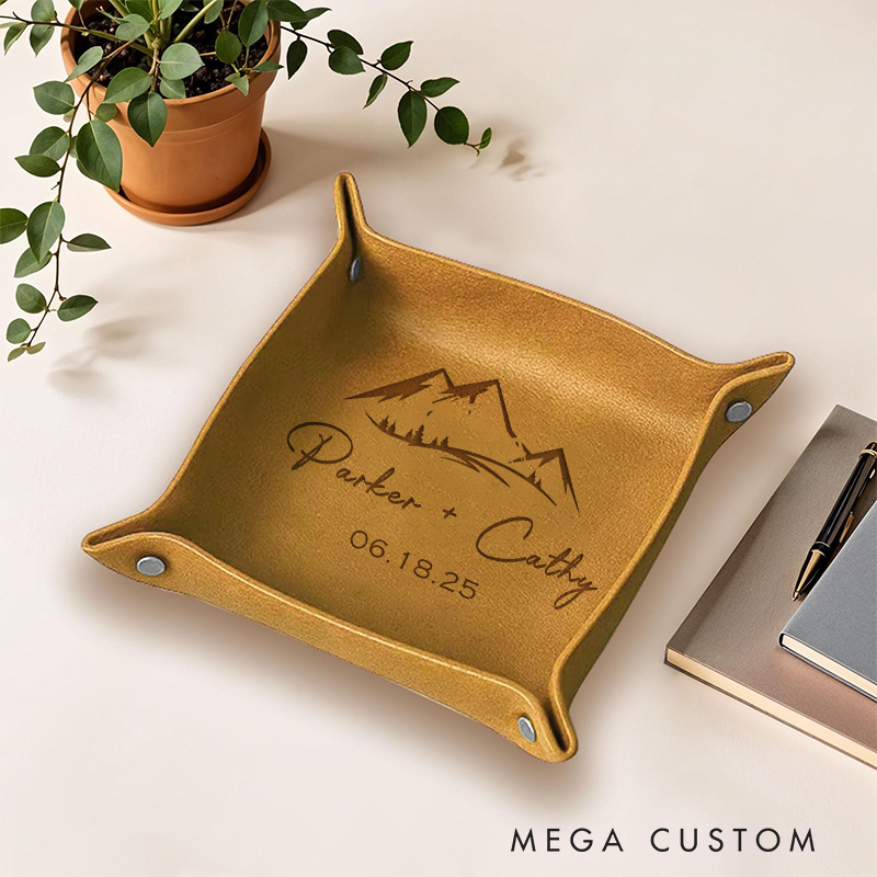 Personalized Mountain Peaks Couple Wedding Engagement Men Leather Tray