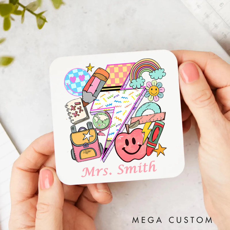 Personalized Coasters for Teachers Sun Apple Flower Smile Appreciation Gift for Teachers