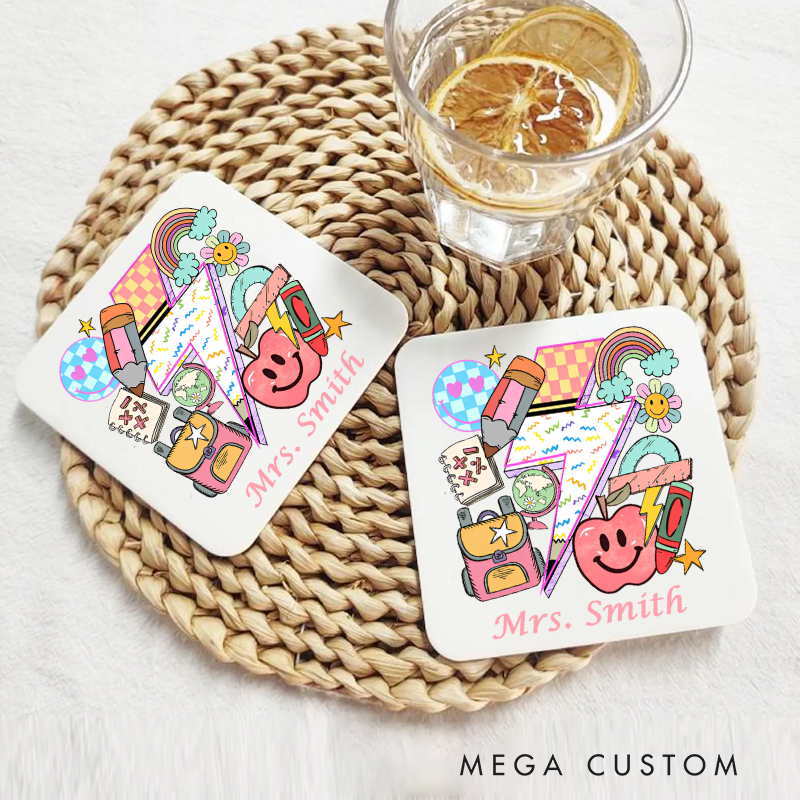 Personalized Coasters for Teachers Sun Apple Flower Smile Appreciation Gift for Teachers