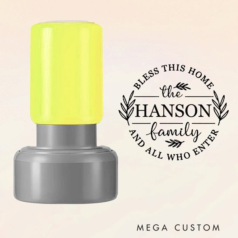 Personalized Round Housewarming Stamp Bless This Home and All Who Enter Design Custom Family Name Leaf Motif Decorative Stamp for New Homeowners