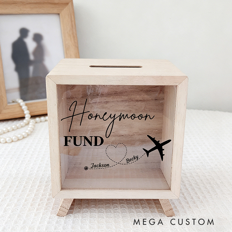 Personalized Wooden Piggy Bank Honeymoon Fund Travel Fund Gift for Travel Enthusiasts Custom Name