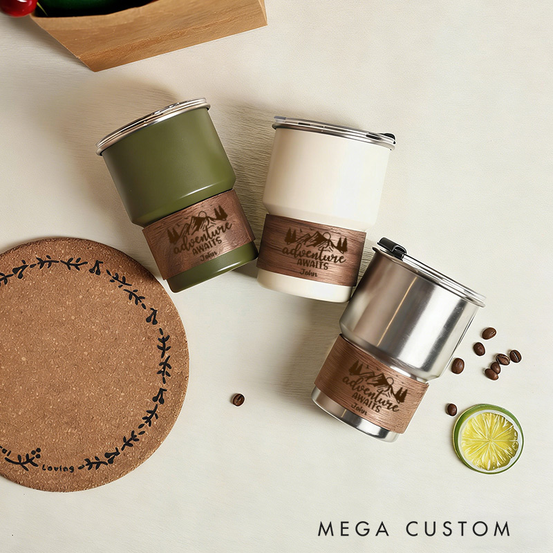 Personalized Travel Cup Stainless Steel Cup Coffee Cup Adventure Awaits with Name Gift for Travel Lovers