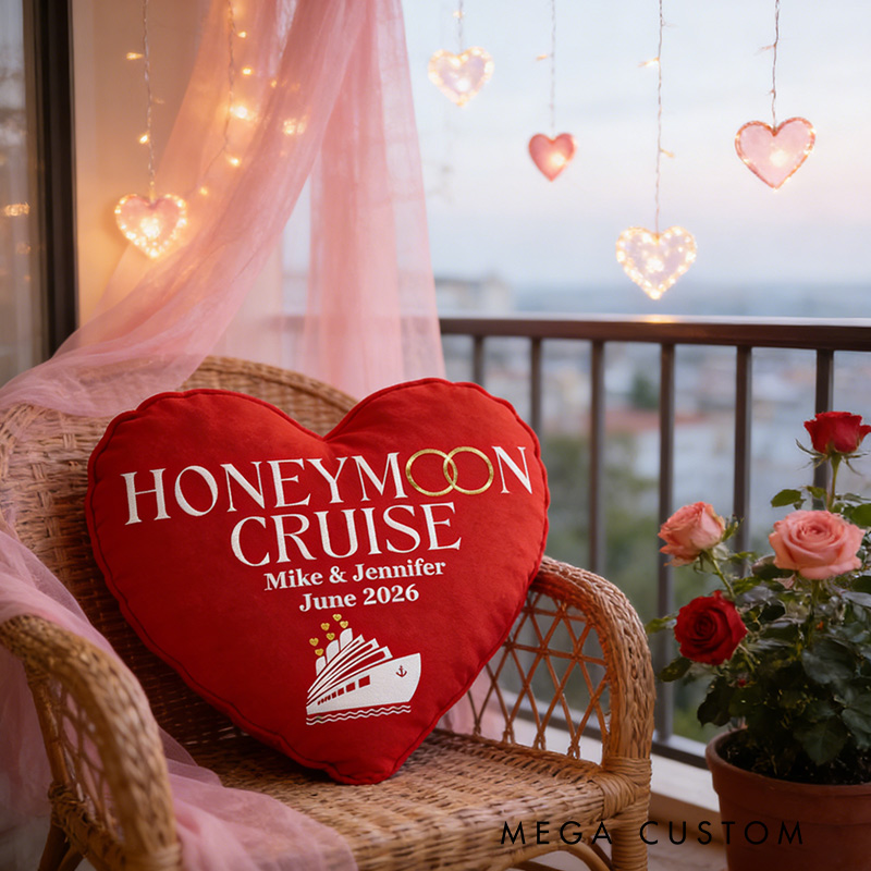 Personalized Honeymoon Cruise Pillow Graphic 3D Print Red Heart-Shaped Ship Honeymoon Cruise Valentine's Day Vacation Date for Travel Lovers