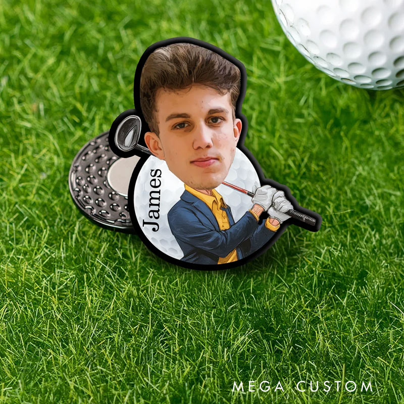 Personalized Face Photo Golf Character Golf Ball Marker Magnetic Hat Clip with Name Gift for Golf Players Lovers