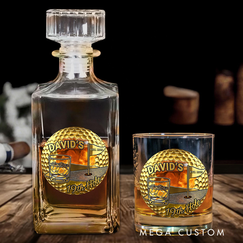 PersonalizedGolf Whiskey and Glass Set 19th Hole Golf Gift for Him Custom Name Barware for Golfers 