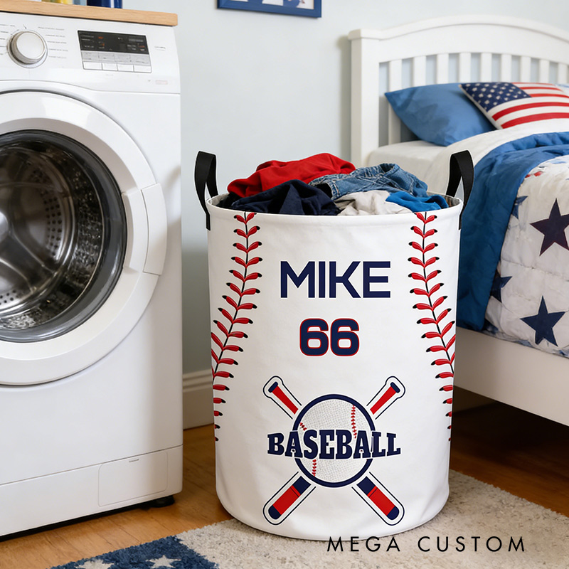 Personalized Baseball Laundry Basket Baseball Pattern Printed with Custom Name and Number