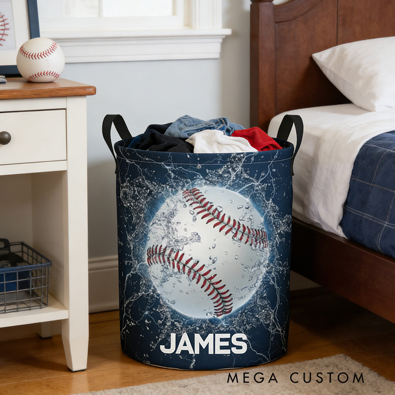 Personalized Baseball Laundry Basket Water Splash Baseball Printed with Custom Name