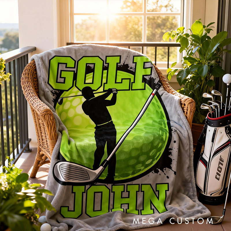 Personalized Golf Blanket with Golf Clubs and Ball Custom Name Gift for Him