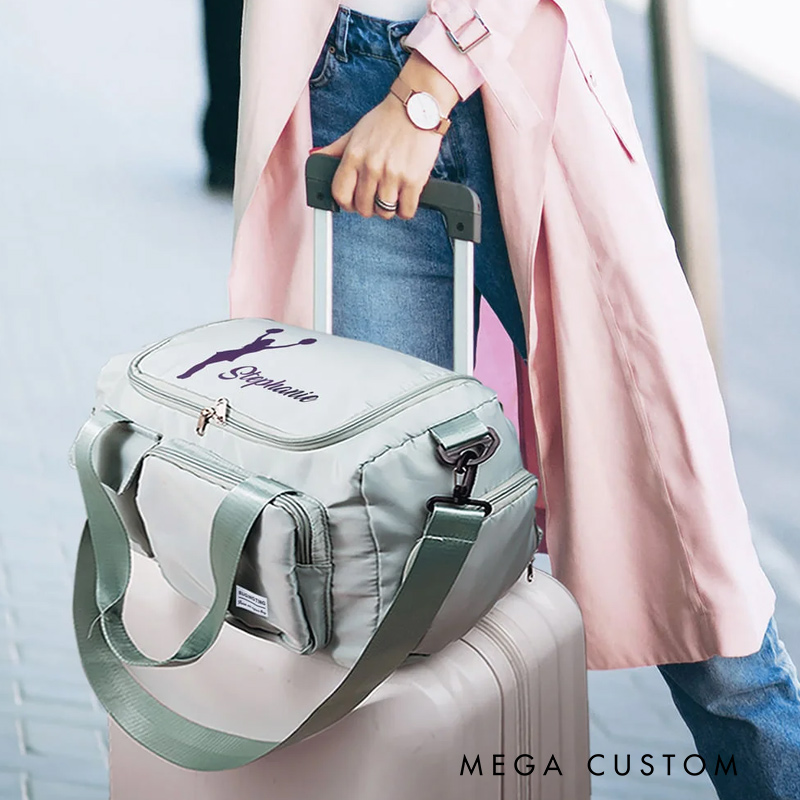 Personalized Cheerleader Silhouette Multi-compartment Large Travel Bag with Name and Shoulder Strap Cheerleading Gift for Women Girls