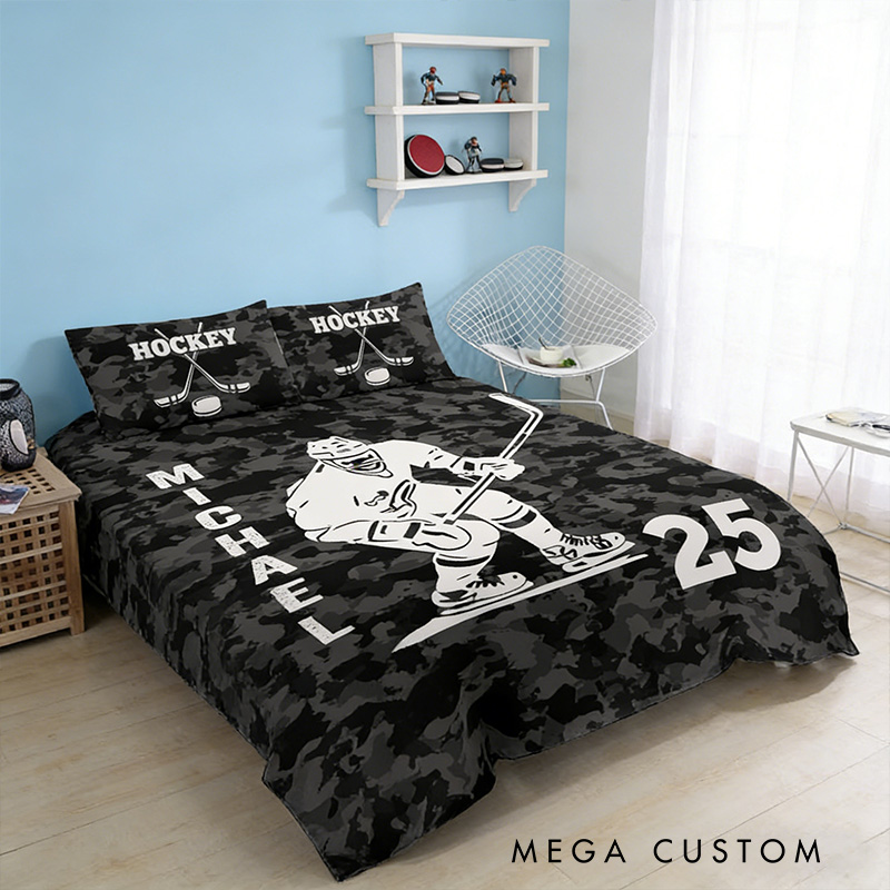 Personalized Hockey Player Bedding Set with Custom Name and Number Hockey Lovers Gift for Him