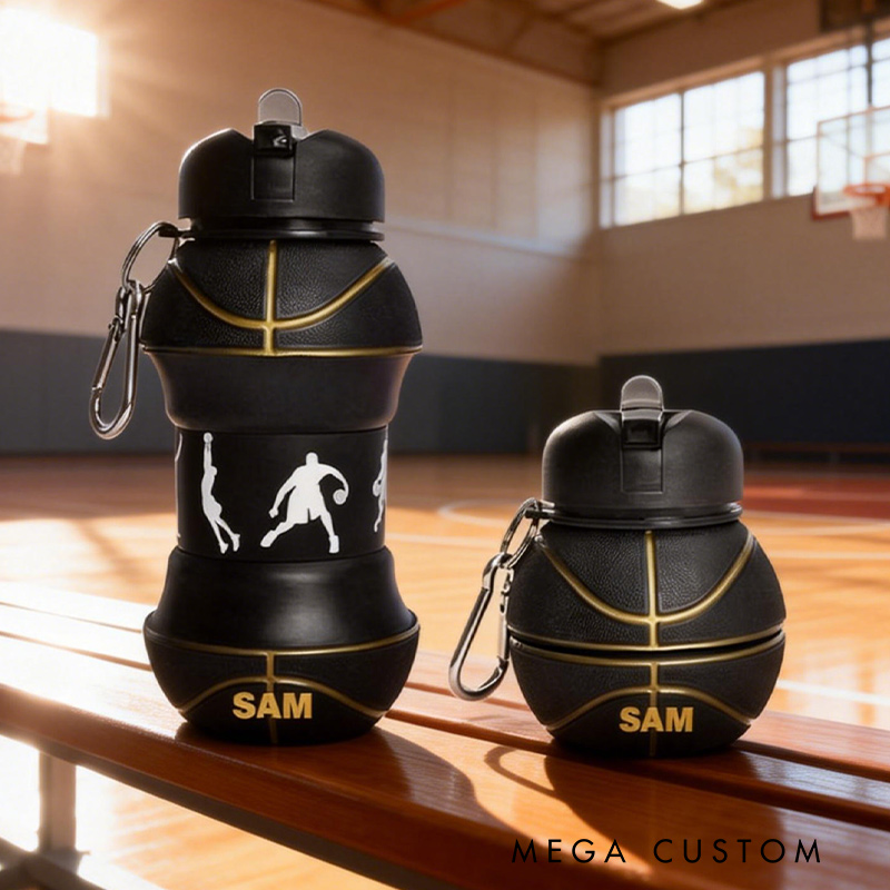 Personalized Foldable Basketball Water Cup Silicone Basketball Sports Water Bottle Custom Name Gift for Basketball Lovers