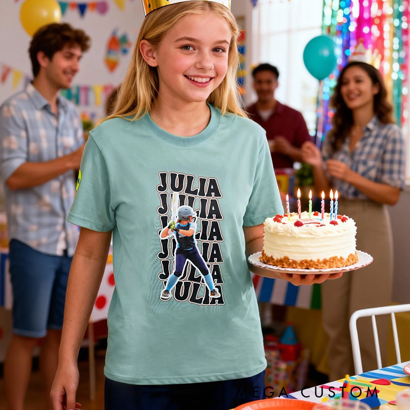 Personalized Funny Photo Baseball Football Kid Adult T-shirt with Name and Number Birthday Sports Game Day Gift for Sports Lovers