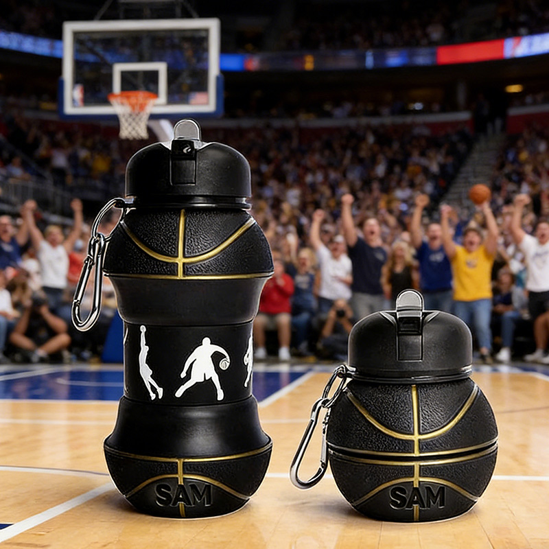 Personalized Foldable Basketball Water Cup Silicone Black Golden Basketball Sports Water Bottle Custom Name Gift for Basketball Lovers