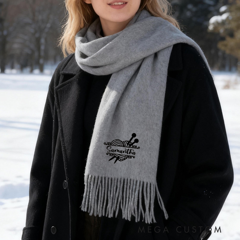 Personalized Super Soft Warm Scarf with Embroidered Knitting Yarn and Custom Name Gift For Knitting Lovers