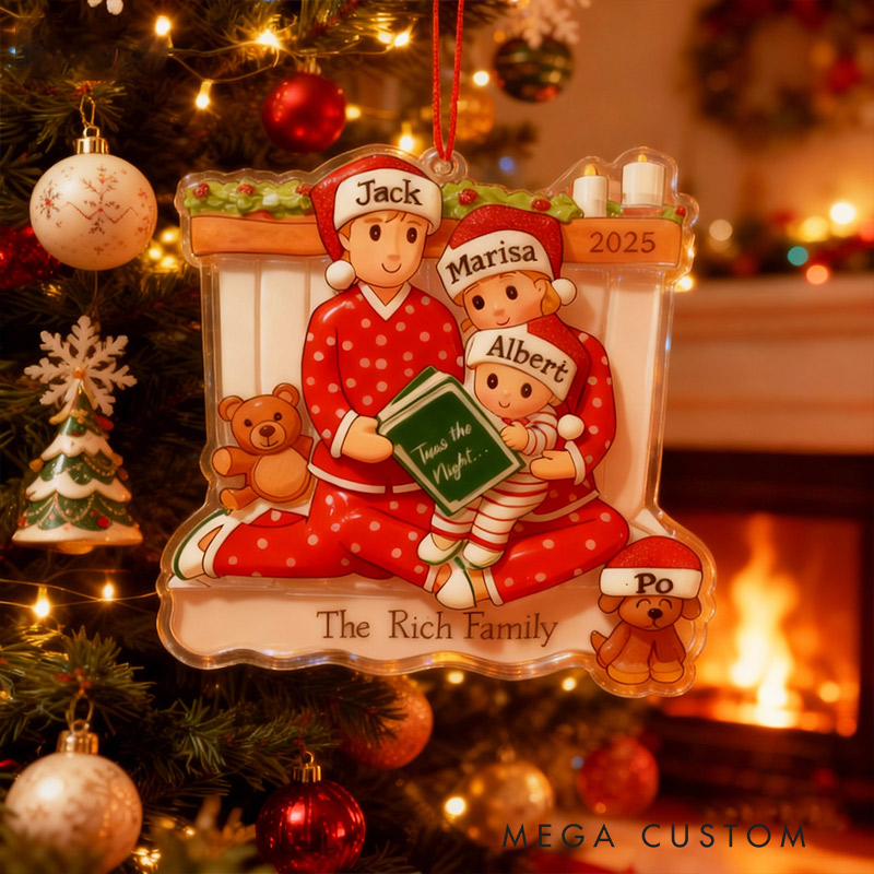 Personalized Christmas Reading Ornament Reading Pajama Family of Three Custom Name Gift for Family