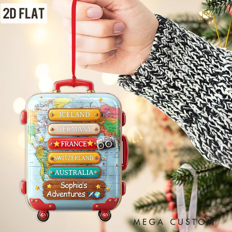 Personalized Travel 2D Flat Ornament with Countries Luggage Suitcase Christmas Tree Decor Adventure Holiday Gift for Travel Lovers