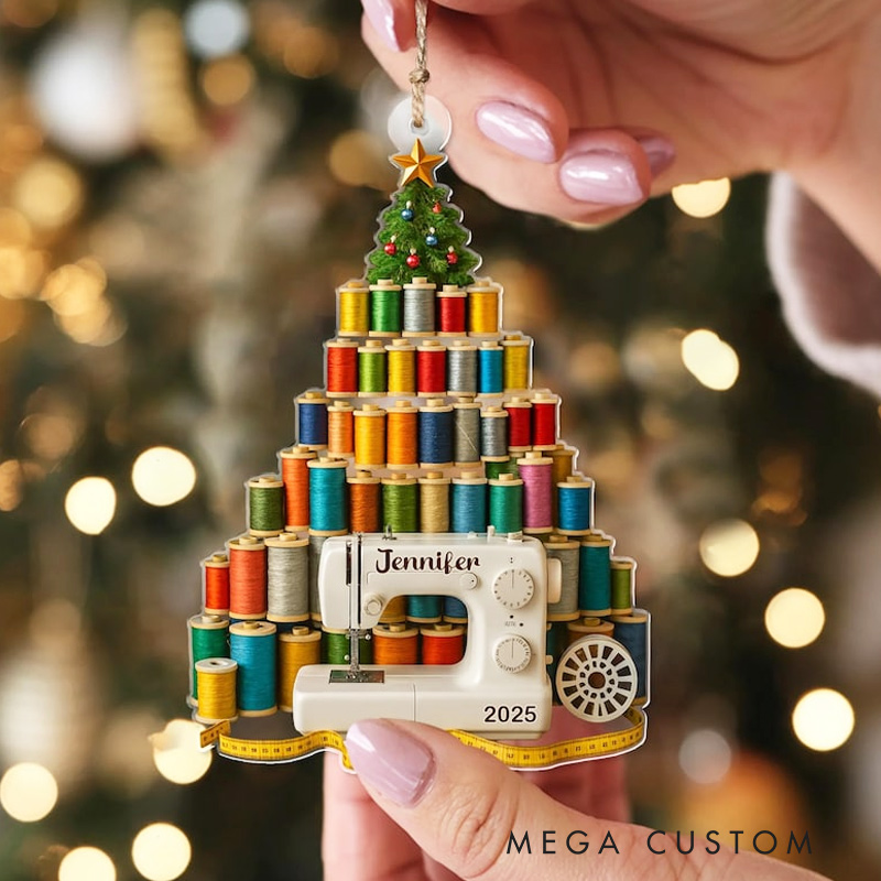 Personalized Sewing Ornament with Name Year Thread Spools Christmas Tree Acrylic Decor Gift for Seamstress Quilter or Sewing Lover
