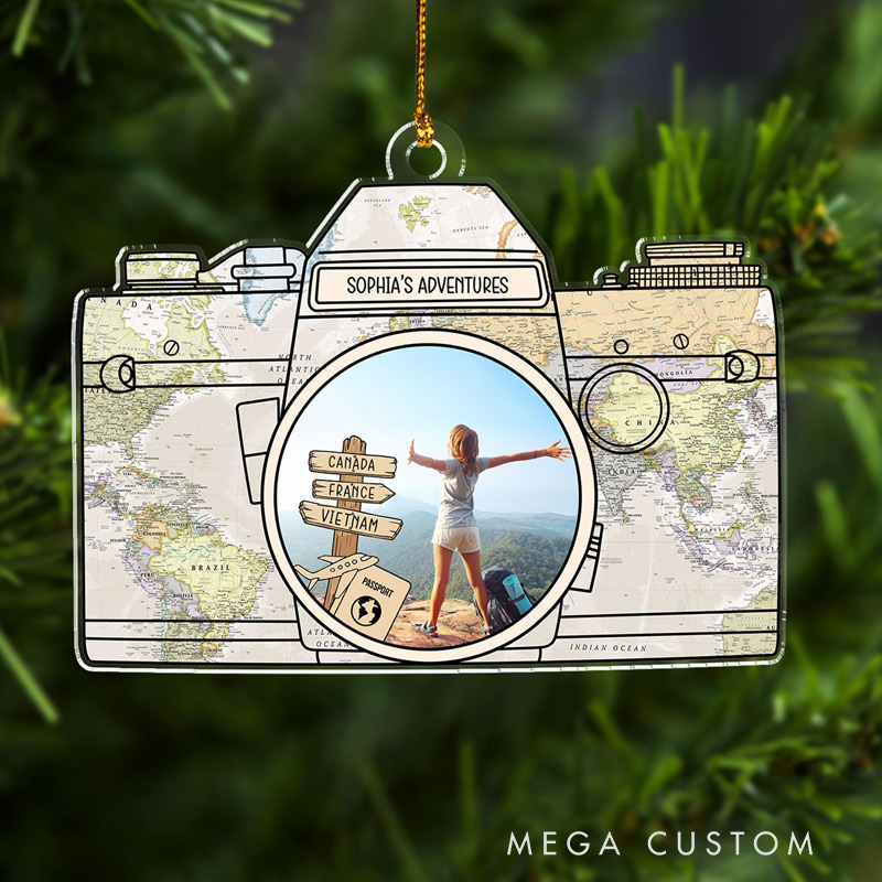 Personalized Travel Photo Camera Ornament Custom Name and Photo Gift for Travel Lovers