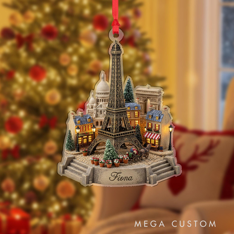 Personalised Paris Landmark Ornament Eiffel Tower Scene with Mini-Village Custom Name Gift for Travel Lovers