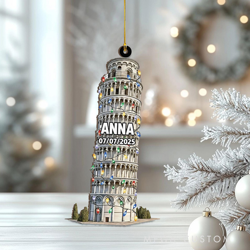 Personalised Pisa Tower Christmas Ornament Engraved Italy Trip Keepsake Custom Name Gift for Travel Lovers