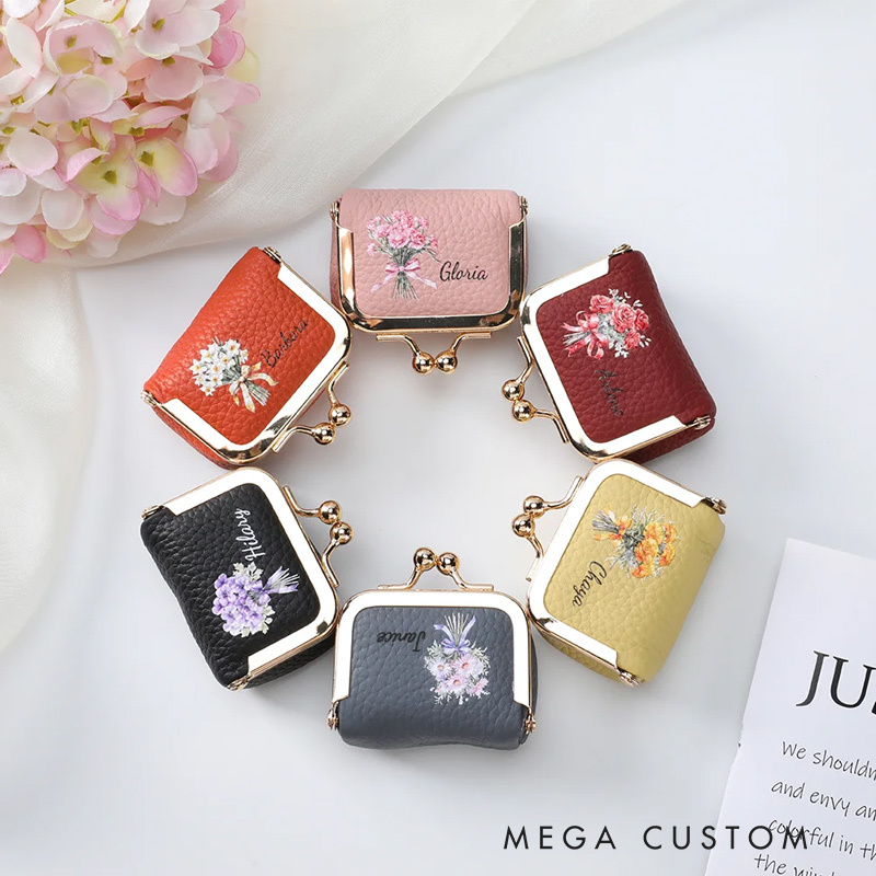 Personalized Birth Flower Bouquet Vintage Mini PU Leather Jewelry Box with Name and Kiss Lock Travel Essential Birthday Bridesmaid Gift for Women