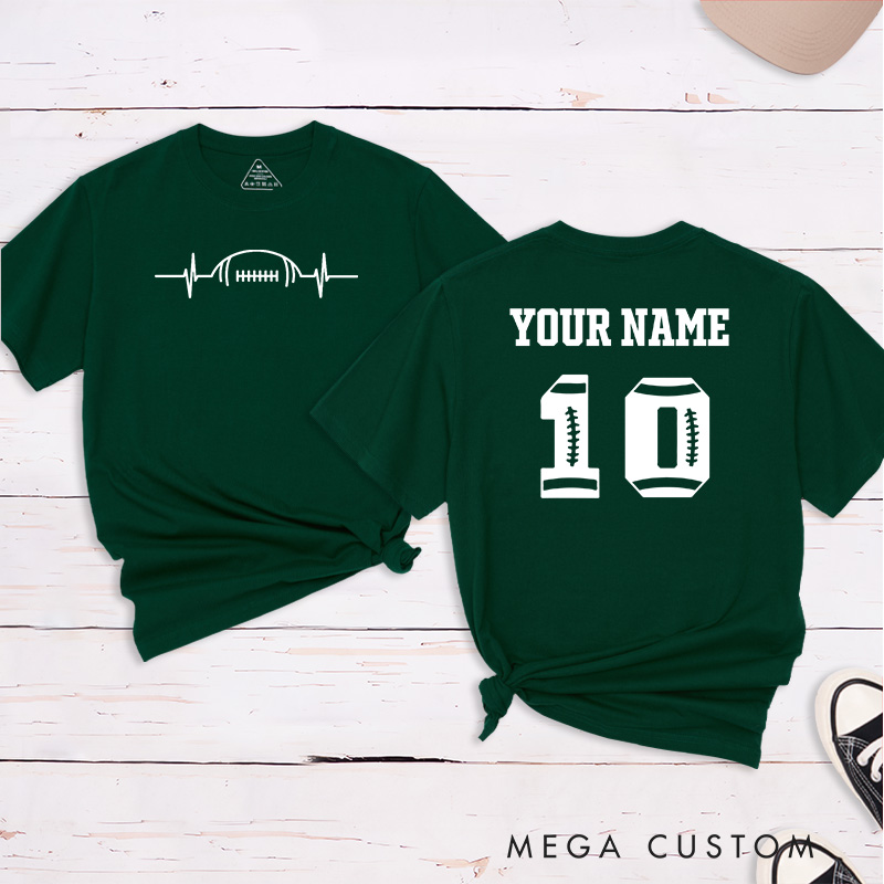 Personalized American Football and Rugby Heart Beat T-Shirts Featuring Custom Name and Number