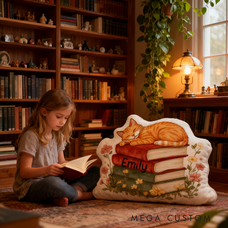 Personalized Cat Books Pillow Graphic 3D Print Floral Cat Books and Custom Name Gift for Reading Lovers