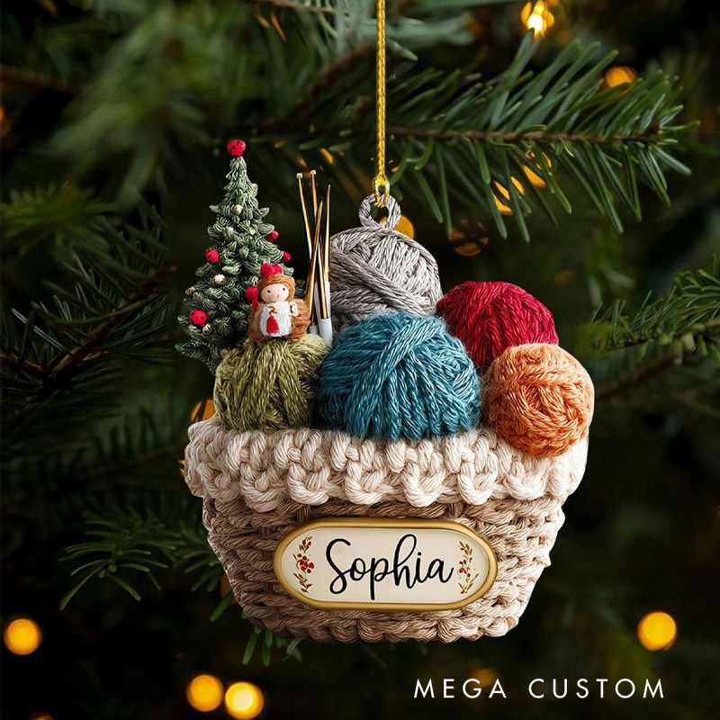 Personalized Knitting Basket Christmas Ornament 2D Flat Acrylic Yarn Decor for Knitters Crochet Lover Holiday Gift