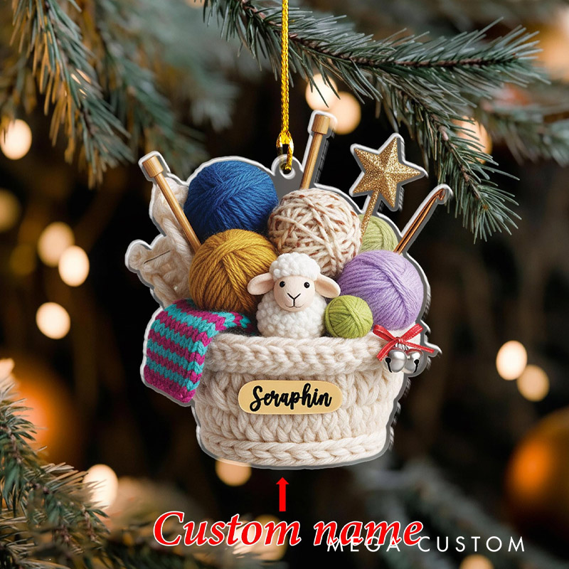 Personalized Knitting Basket Ornament Sheep and Yarn Ball Acrylic Yarn Christmas Decor for Knitters 