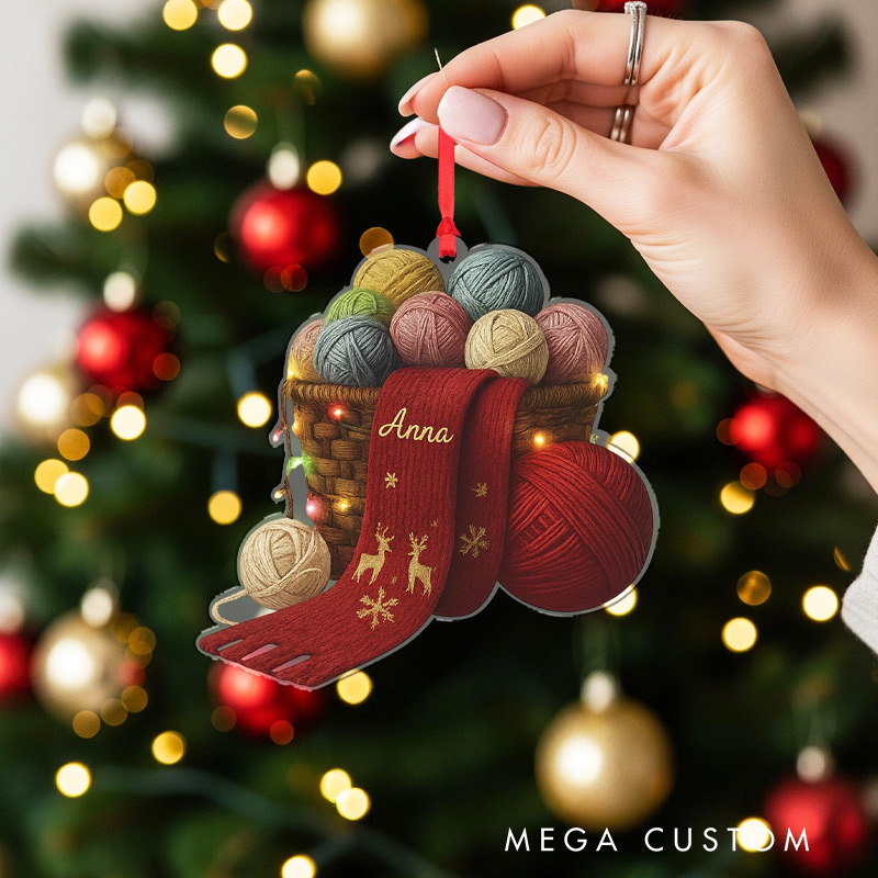 Personalized Knitting Ornament Yarn Basket Christmas Decor Custom Name Knitter Gift